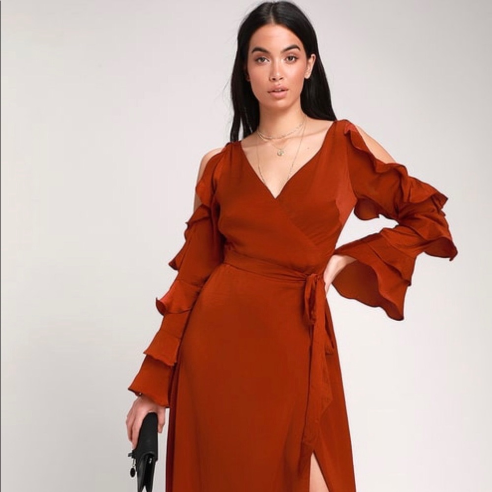 RUST RED SATIN WRAP MAXI DRESS